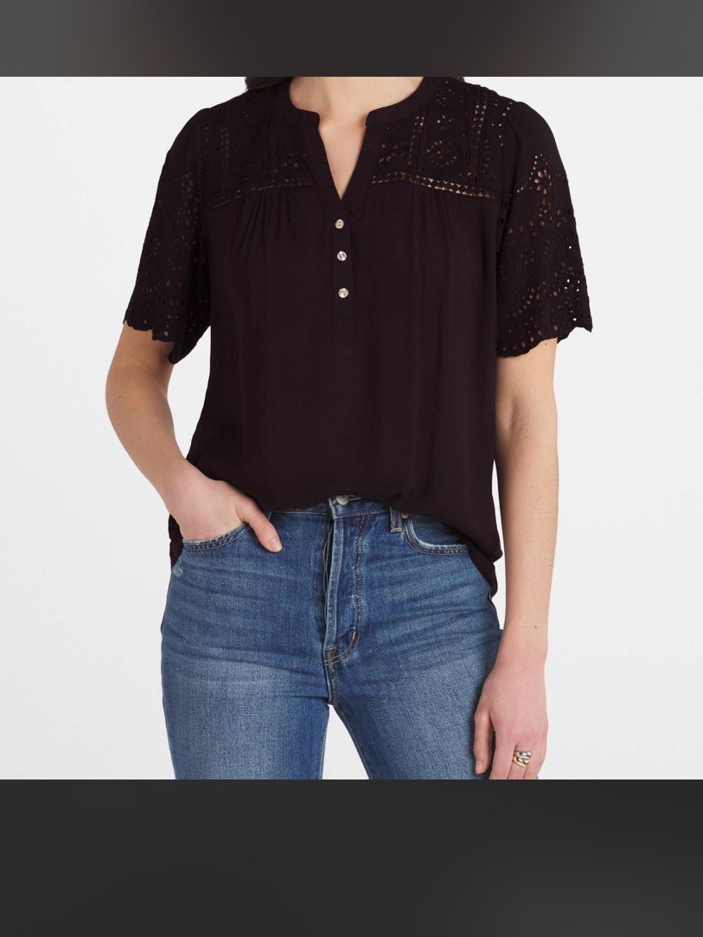 MASON & BELLE Black Eyelet Split-Neck Short Sleeve Blouse